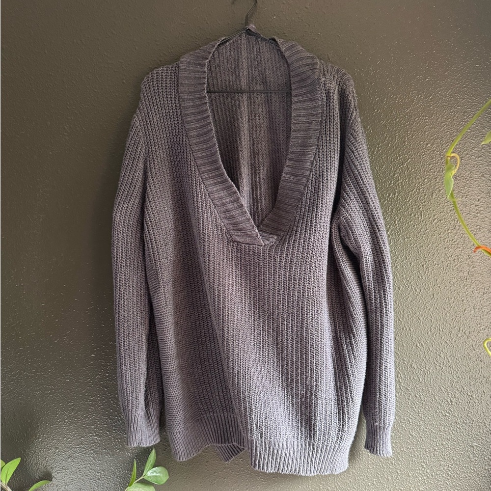 Gray Oversized Deep V Neck Sweater